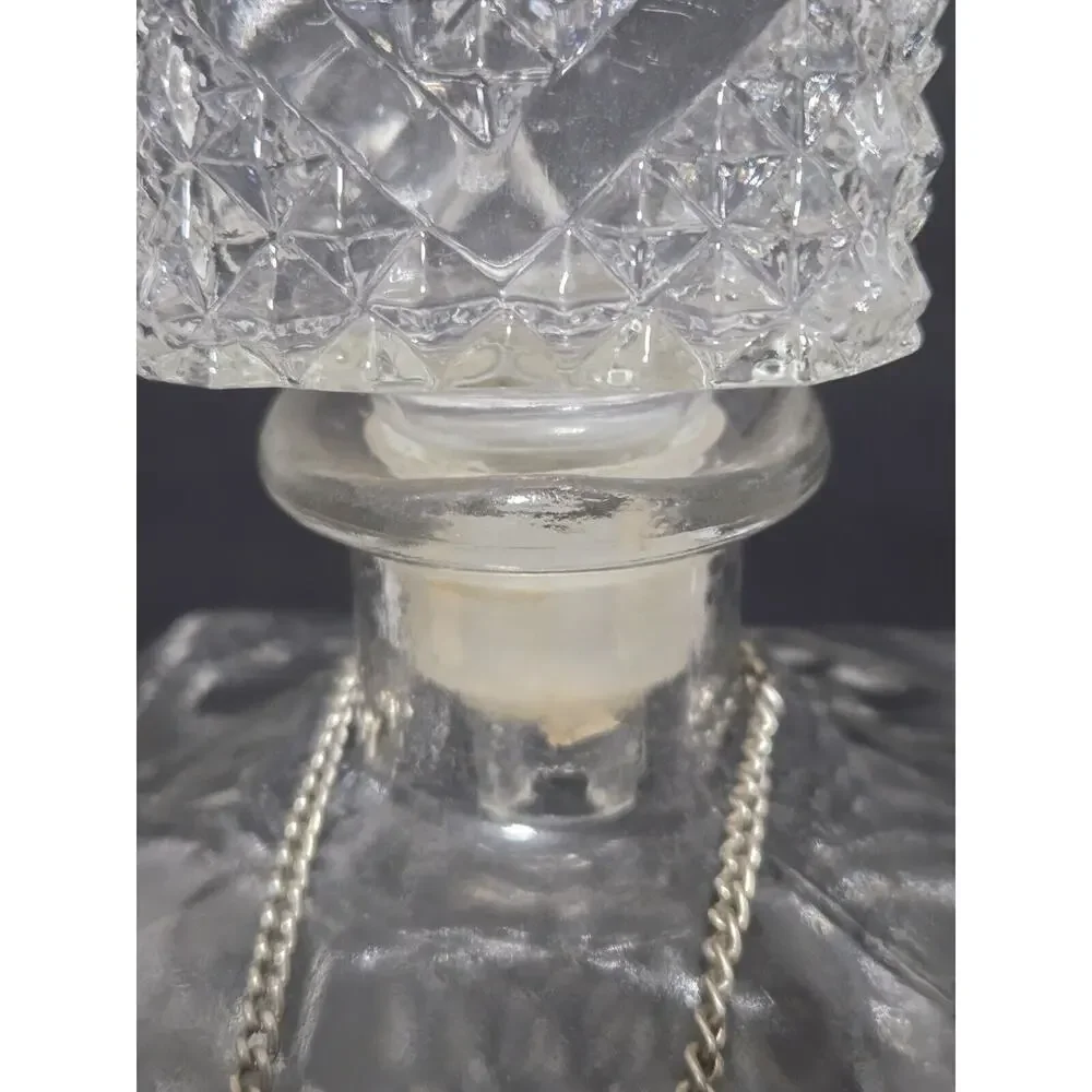 Vintage Diamond Pressed~Glass Bar Decanter~Bourbon/Gin Reversable Metal Hang Tag